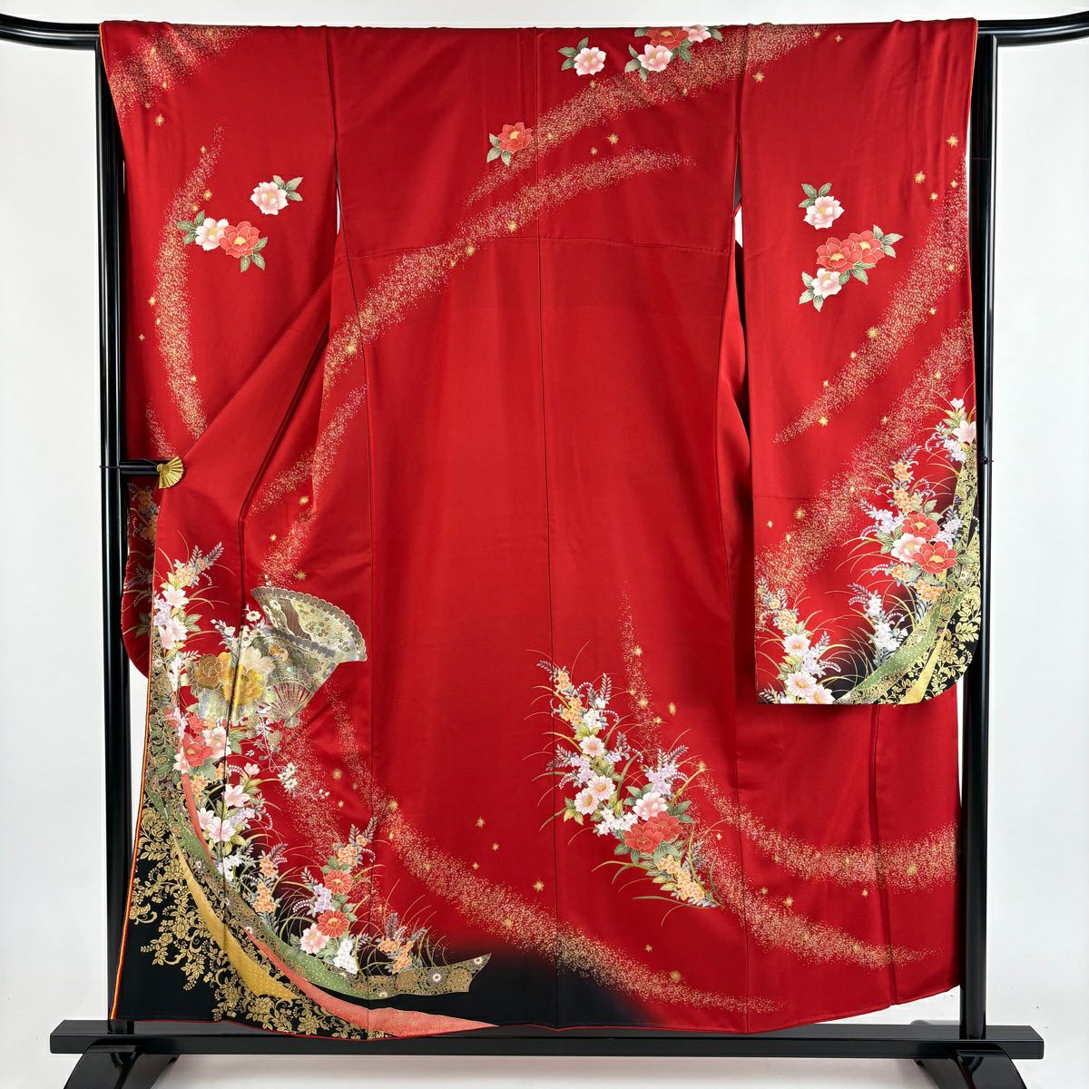 振袖禮服 身長156.5cm 袖長65.5cm M 雙層 落款あり 桧扇子 草花紋紋 金銀彩 紅 純蠶絲 秀品級