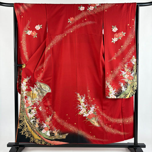 振袖禮服 身長156.5cm 袖長65.5cm M 雙層 落款あり 桧扇子 草花紋紋 金銀彩 紅 純蠶絲 秀品級