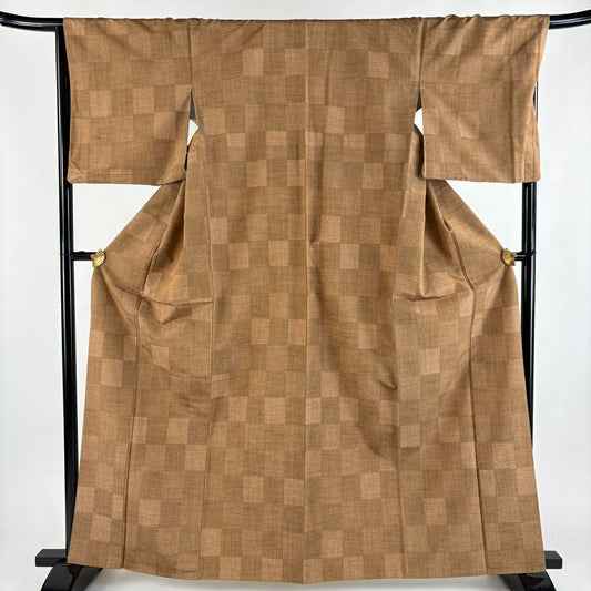 【美品】 紬織 身長163.5cm 袖長67.5cm L 雙層 證書附帶 市松樹 幾何圖案 茶 純蠶絲 優品級