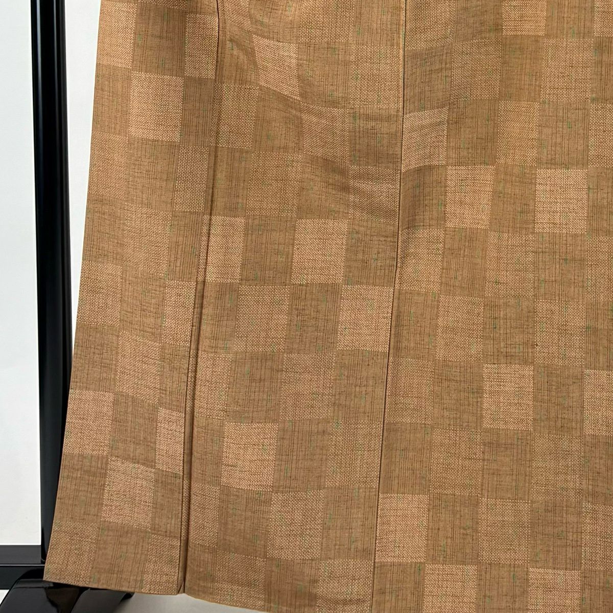 【美品】 紬織 身長163.5cm 袖長67.5cm L 雙層 證書附帶 市松樹 幾何圖案 茶 純蠶絲 優品級