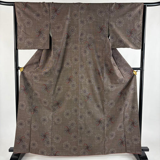 【美品】 紬織 身長164cm 袖長65cm M 雙層 花 焦茶 純蠶絲 秀品級