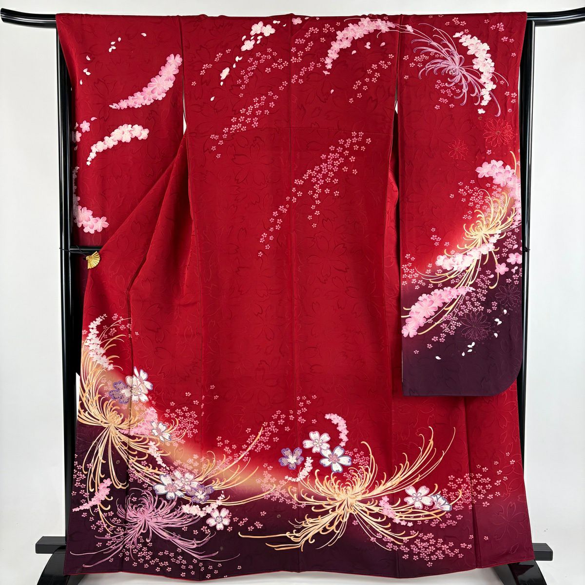 振袖禮服 身長165cm 袖長66cm M 雙層櫻花菊花刺繡金彩裝飾紅純蠶絲秀品級
