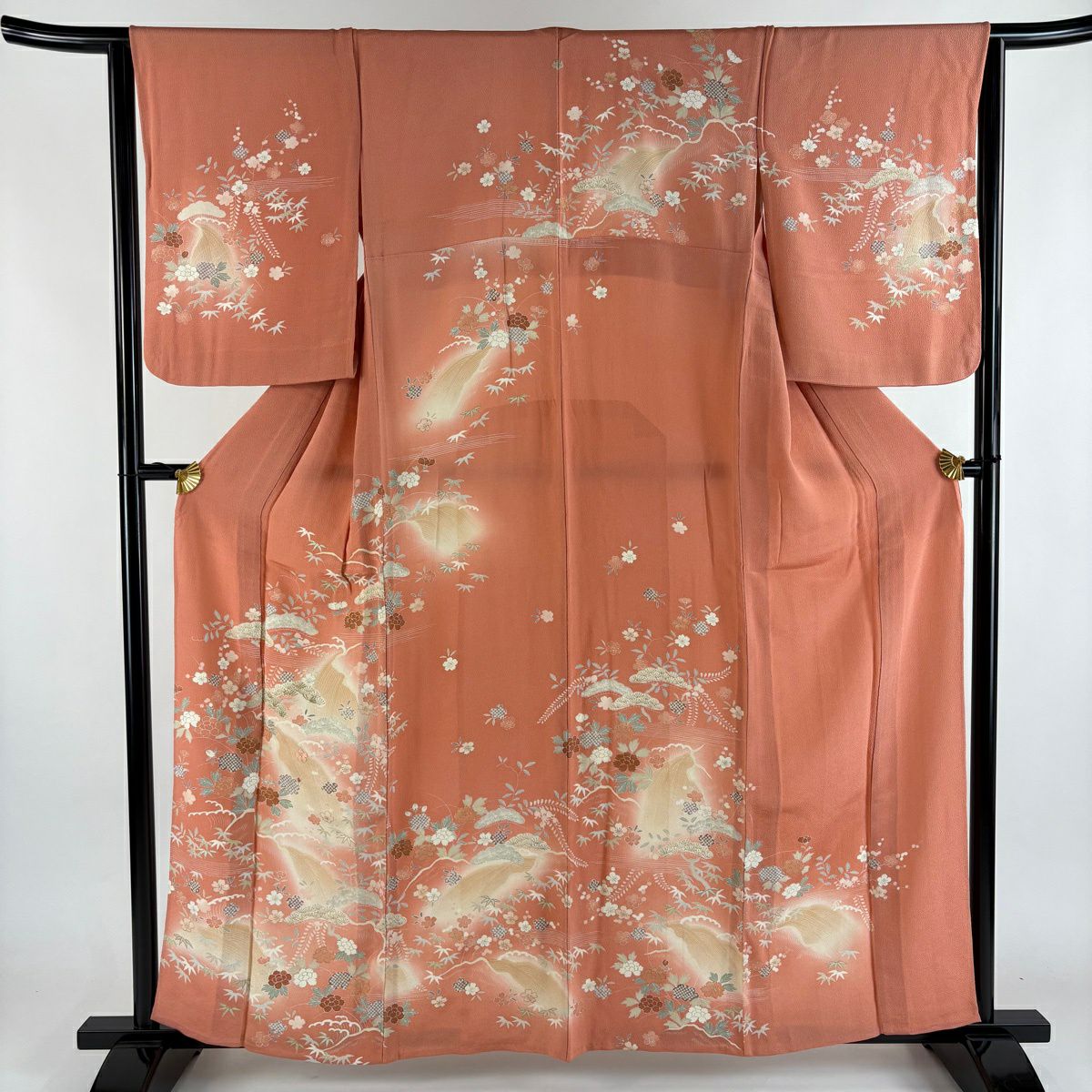 訪問服 身長160cm 袖長64cm M 單層 松樹竹子梅花 滝 金絲 金銀彩 鮭粉色 純蠶絲 秀品級 一個紋