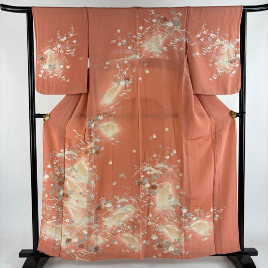 訪問服 身長160cm 袖長64cm M 單層 松樹竹子梅花 滝 金絲 金銀彩 鮭粉色 純蠶絲 秀品級 一個紋