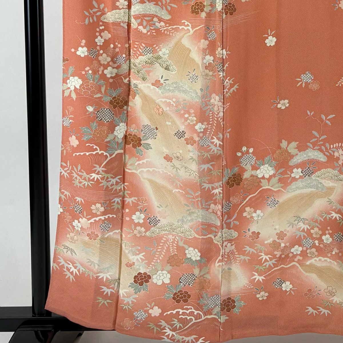 訪問服 身長160cm 袖長64cm M 單層 松樹竹子梅花 滝 金絲 金銀彩 鮭粉色 純蠶絲 秀品級 一個紋