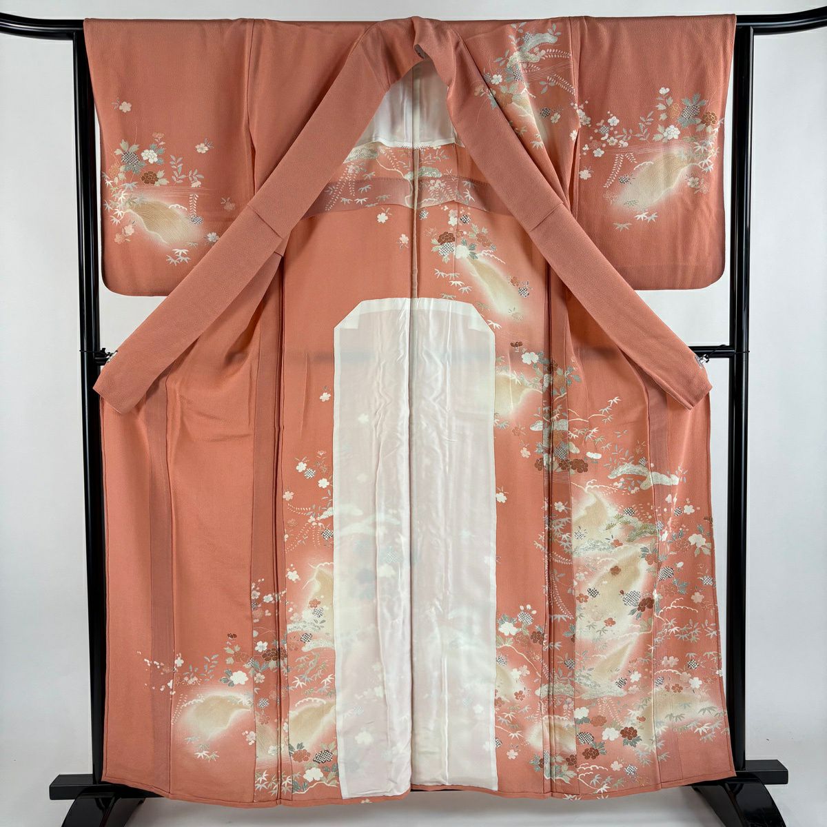 訪問服 身長160cm 袖長64cm M 單層 松樹竹子梅花 滝 金絲 金銀彩 鮭粉色 純蠶絲 秀品級 一個紋