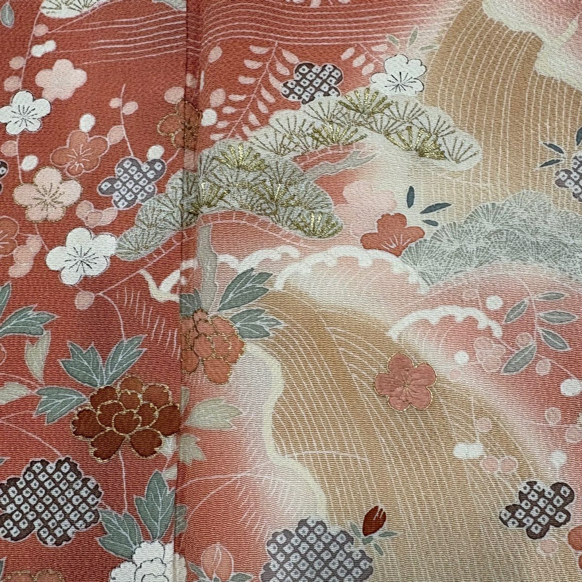 訪問服 身長160cm 袖長64cm M 單層 松樹竹子梅花 滝 金絲 金銀彩 鮭粉色 純蠶絲 秀品級 一個紋