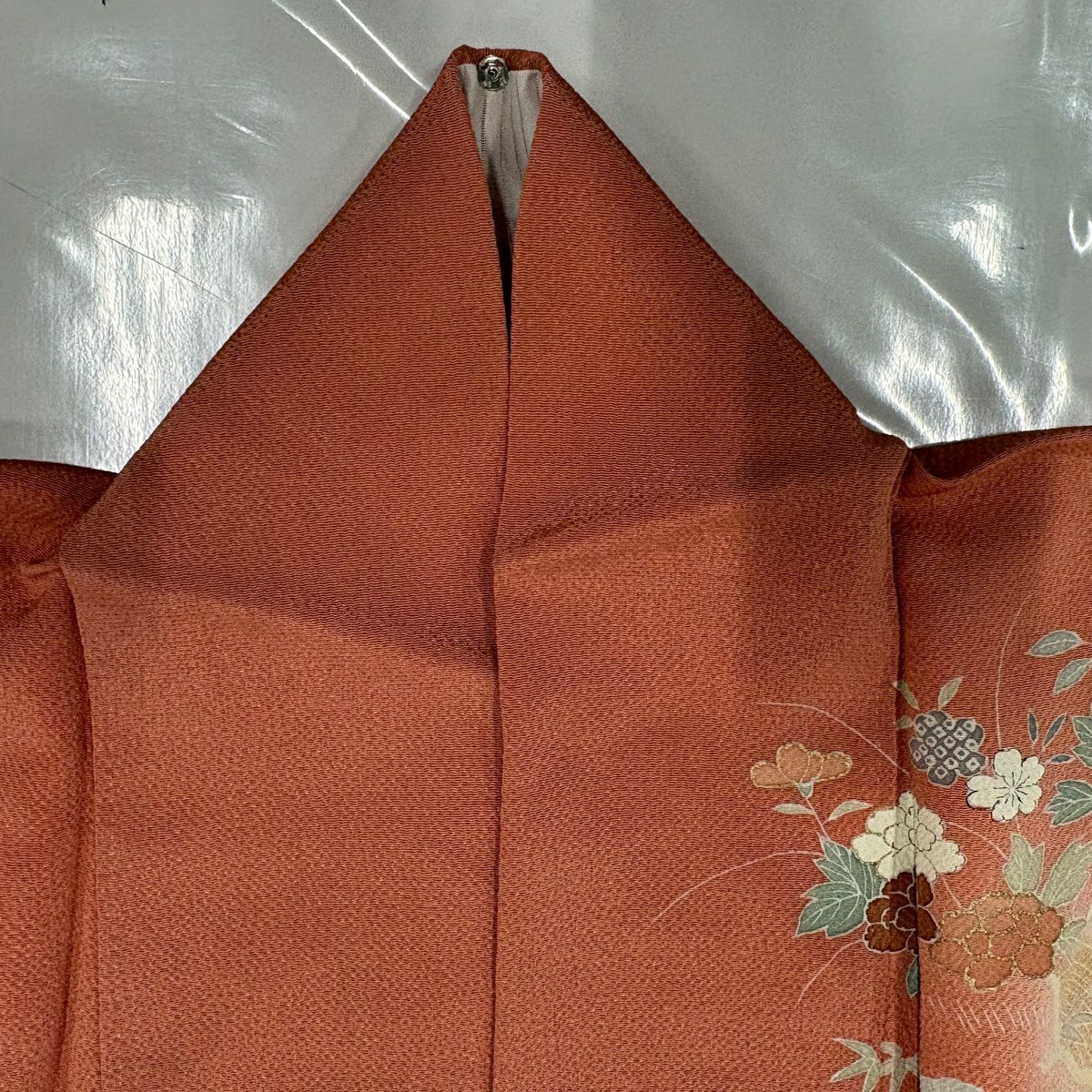 訪問服 身長160cm 袖長64cm M 單層 松樹竹子梅花 滝 金絲 金銀彩 鮭粉色 純蠶絲 秀品級 一個紋