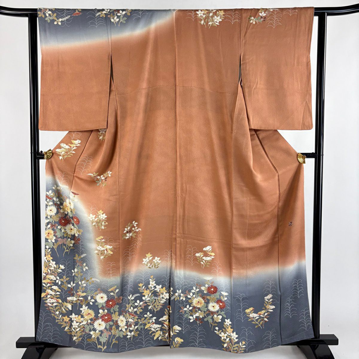【美品】訪問服 身長161cm 袖長62cm S 雙層 鈴乃屋 落款 秋草 染分 ぼかし 薄茶 純蠶絲 秀品級