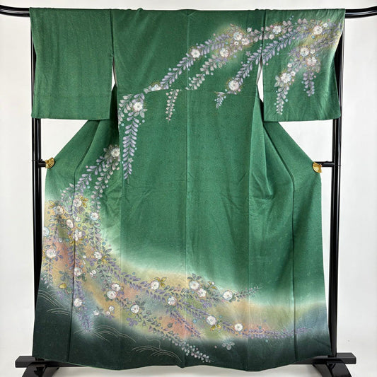 訪問服 身長159cm 袖長67.5cm L 雙層 鈴乃屋 辻花染 金通し 金銀彩 綠 純蠶絲 秀品級