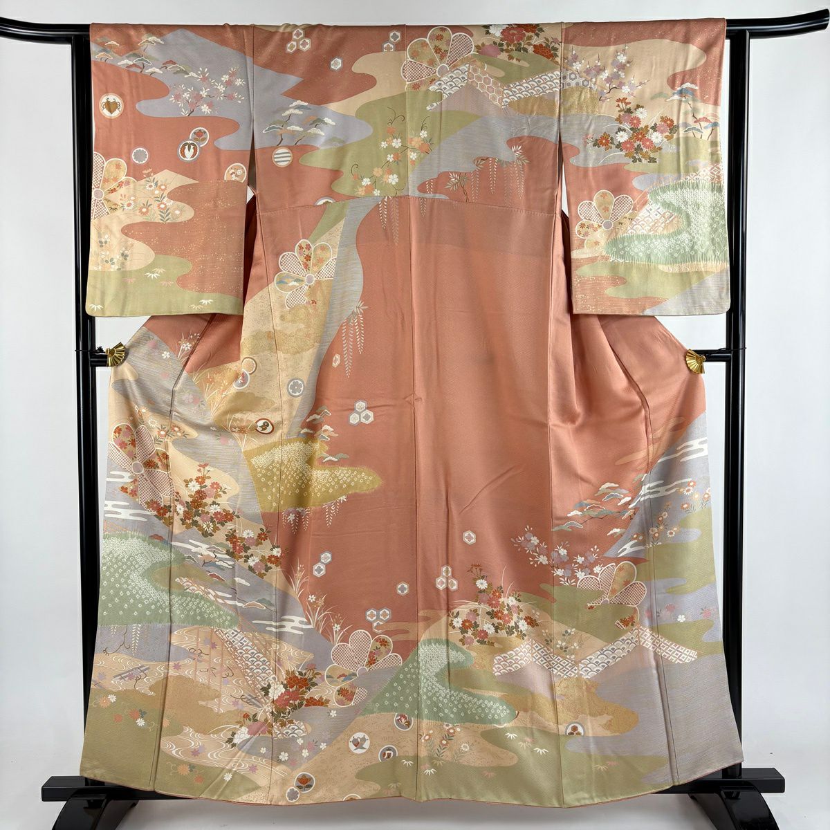 訪問服 身長159.5cm 袖長63cm S 雙層 草花紋紋 霞 金糸 絞染 鮭粉色 純蠶絲 秀品級