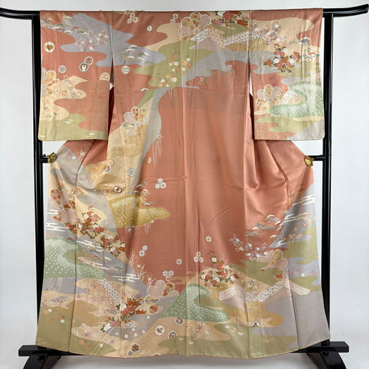 訪問服 身長159.5cm 袖長63cm S 雙層 草花紋紋 霞 金糸 絞染 鮭粉色 純蠶絲 秀品級
