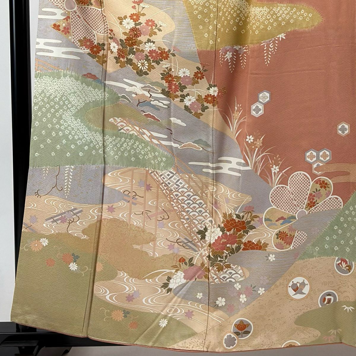 訪問服 身長159.5cm 袖長63cm S 雙層 草花紋紋 霞 金糸 絞染 鮭粉色 純蠶絲 秀品級