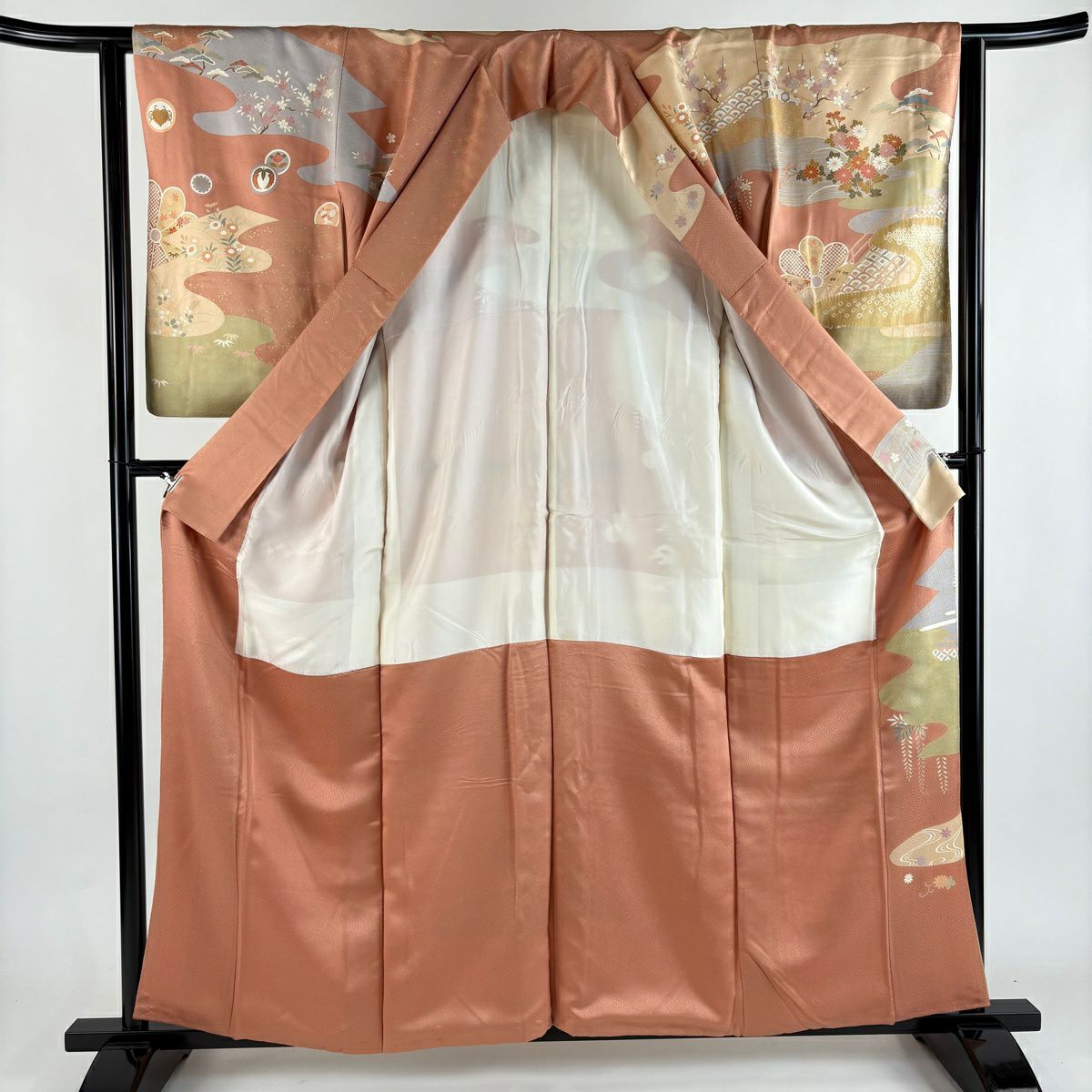 訪問服 身長159.5cm 袖長63cm S 雙層 草花紋紋 霞 金糸 絞染 鮭粉色 純蠶絲 秀品級