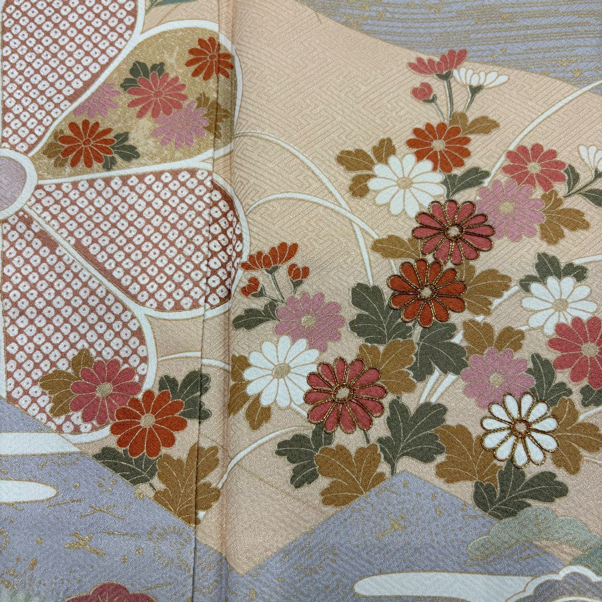 訪問服 身長159.5cm 袖長63cm S 雙層 草花紋紋 霞 金糸 絞染 鮭粉色 純蠶絲 秀品級