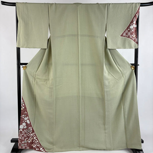 付下 身長168cm 袖長68cm L 雙層 花 松樹皮菱 絞染 分染 灰綠 純蠶絲 優品級