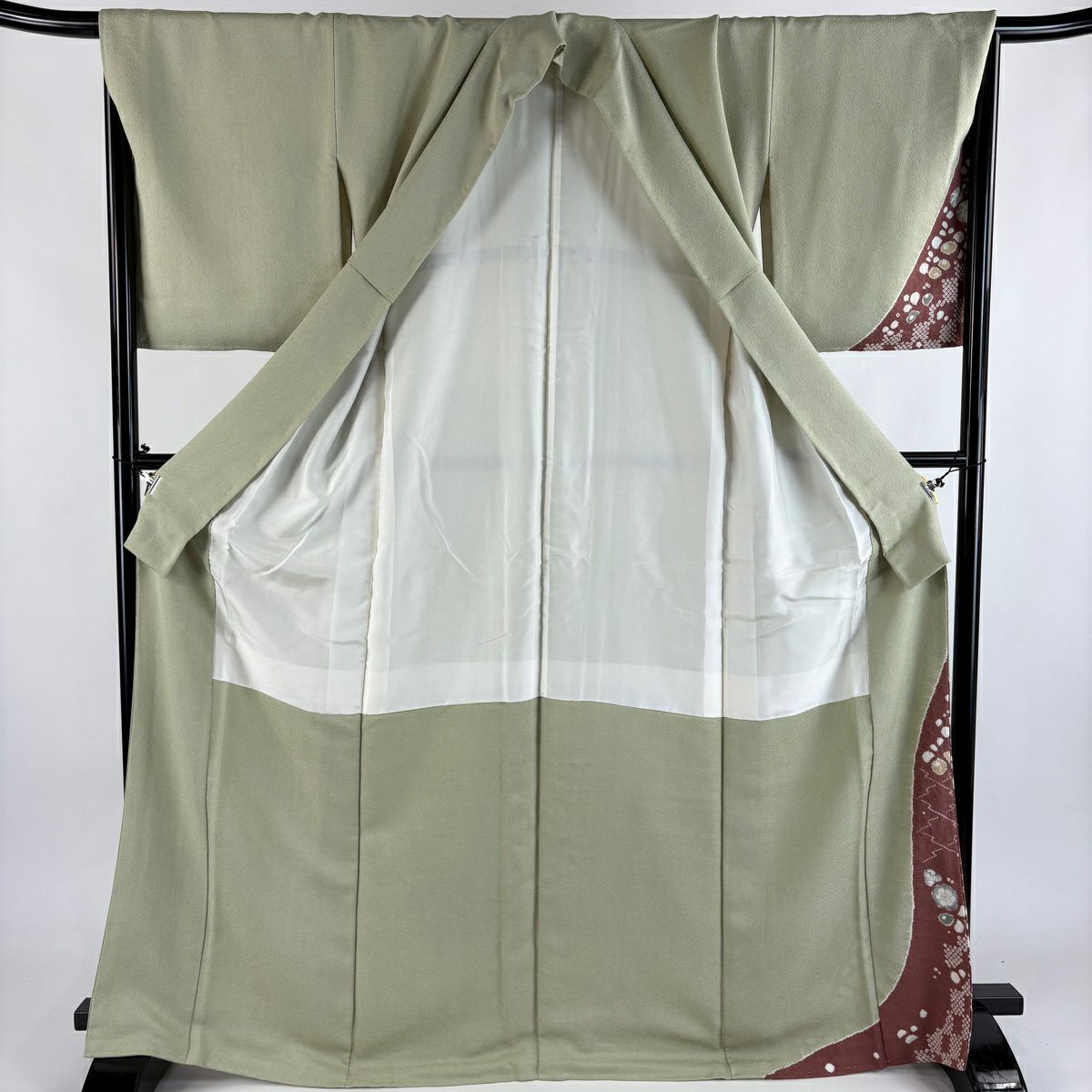 付下 身長168cm 袖長68cm L 雙層 花 松樹皮菱 絞染 分染 灰綠 純蠶絲 優品級