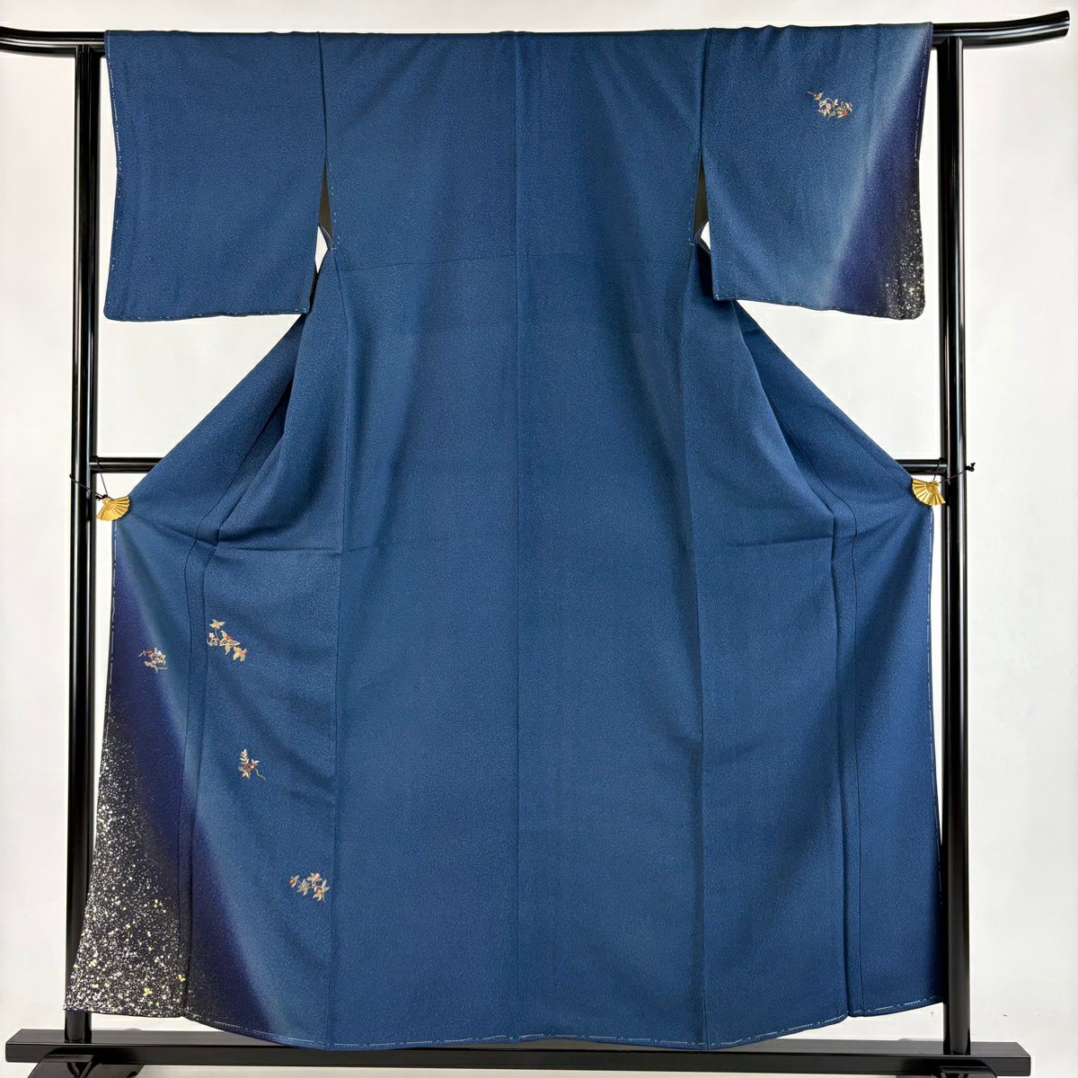 付下 身長157cm 袖長62.5cm S 雙層 天目染 證書附帶 草花紋刺繡 金銀彩 藍色 純蠶絲 優品級