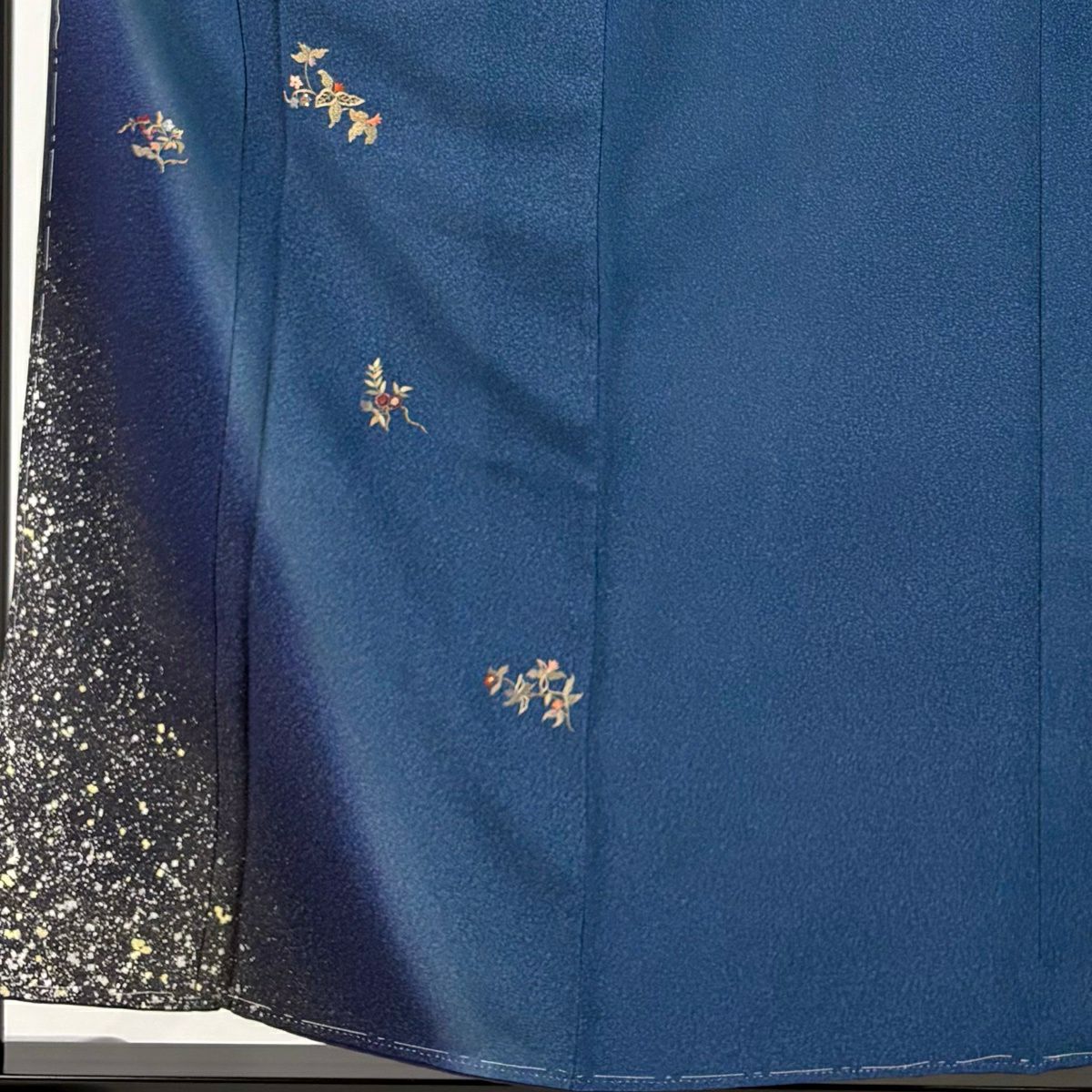 付下 身長157cm 袖長62.5cm S 雙層 天目染 證書附帶 草花紋刺繡 金銀彩 藍色 純蠶絲 優品級