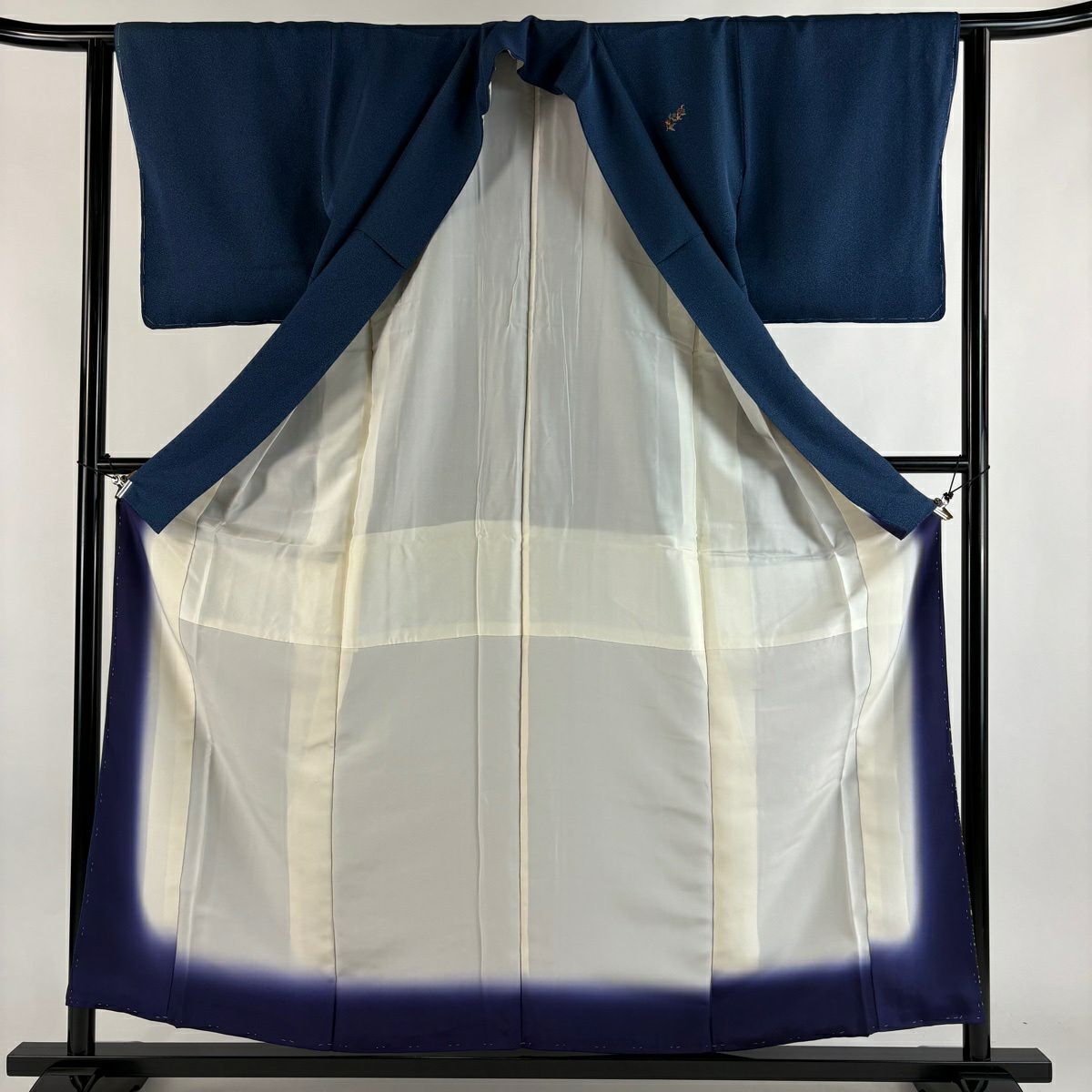 付下 身長157cm 袖長62.5cm S 雙層 天目染 證書附帶 草花紋刺繡 金銀彩 藍色 純蠶絲 優品級