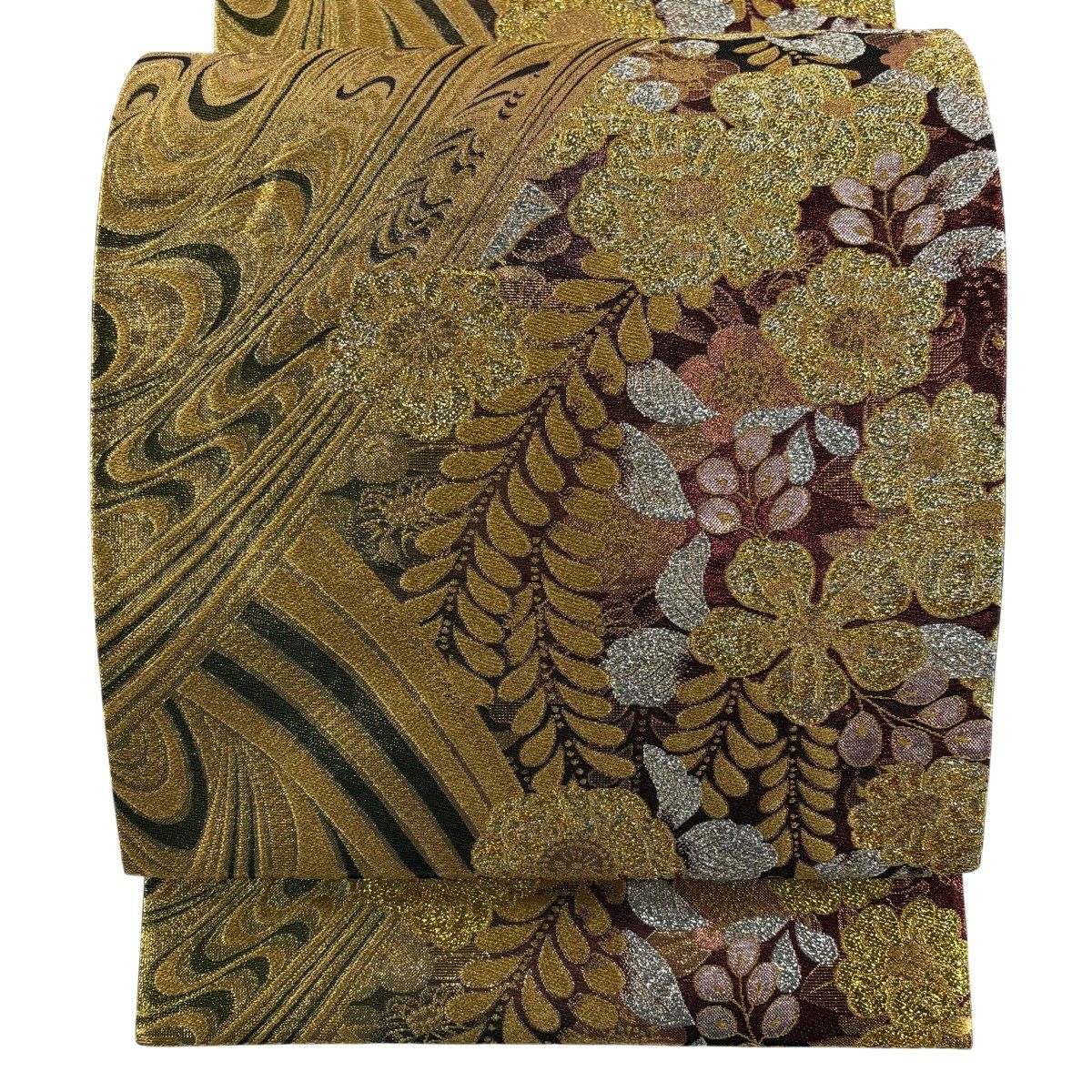 【美品】 袋帶 秀品級 振袖禮服禮服用 草花紋紋 流水 金絲 金金箔 深粉紅 六通 純蠶絲