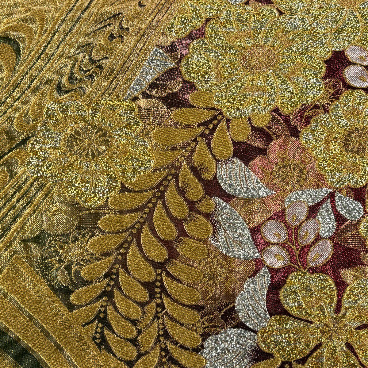 【美品】 袋帶 秀品級 振袖禮服禮服用 草花紋紋 流水 金絲 金金箔 深粉紅 六通 純蠶絲