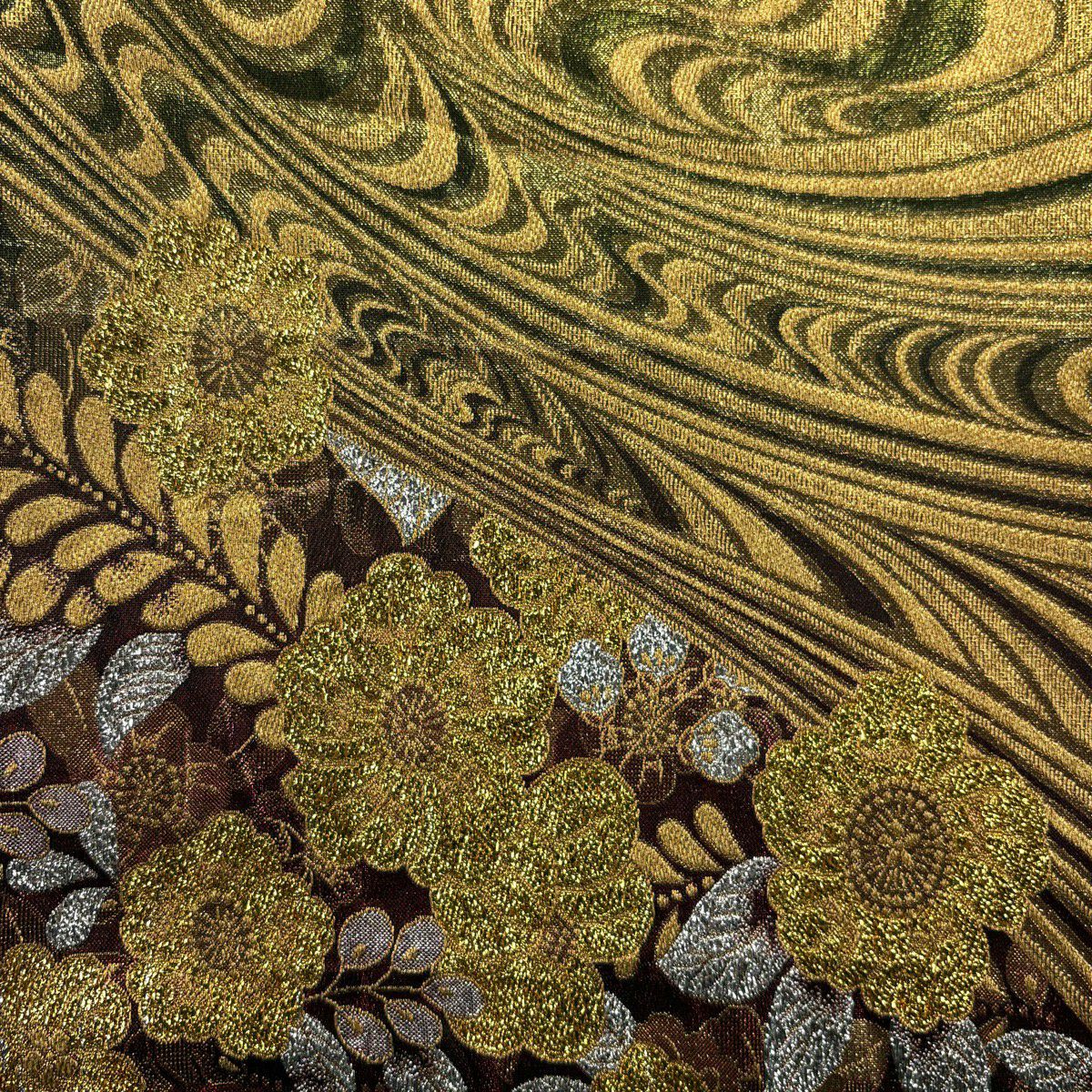 【美品】 袋帶 秀品級 振袖禮服禮服用 草花紋紋 流水 金絲 金金箔 深粉紅 六通 純蠶絲