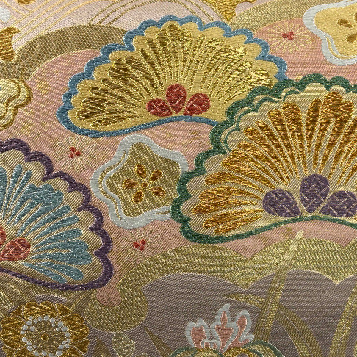 袋帶 秀品級 關西仕立 雜松樹 萬壽菊花 金金箔 唐織 薄小豆 六通 純蠶絲
