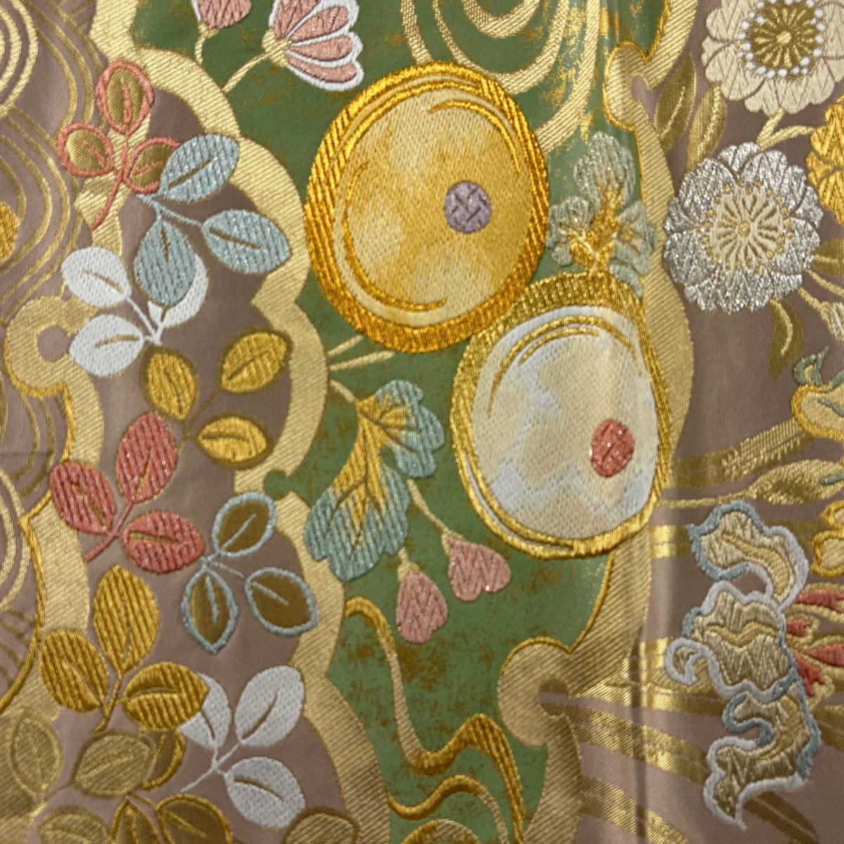袋帶 秀品級 關西仕立 雜松樹 萬壽菊花 金金箔 唐織 薄小豆 六通 純蠶絲