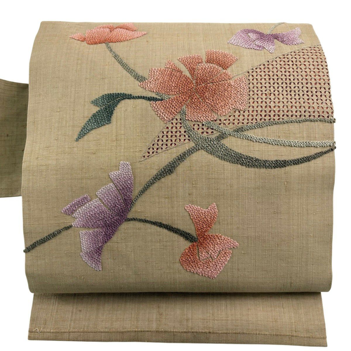 【美品】 名古屋帶 秀品級 關西仕立 紬織織 草花紋紋 相良刺繡 淺茶 純蠶絲
