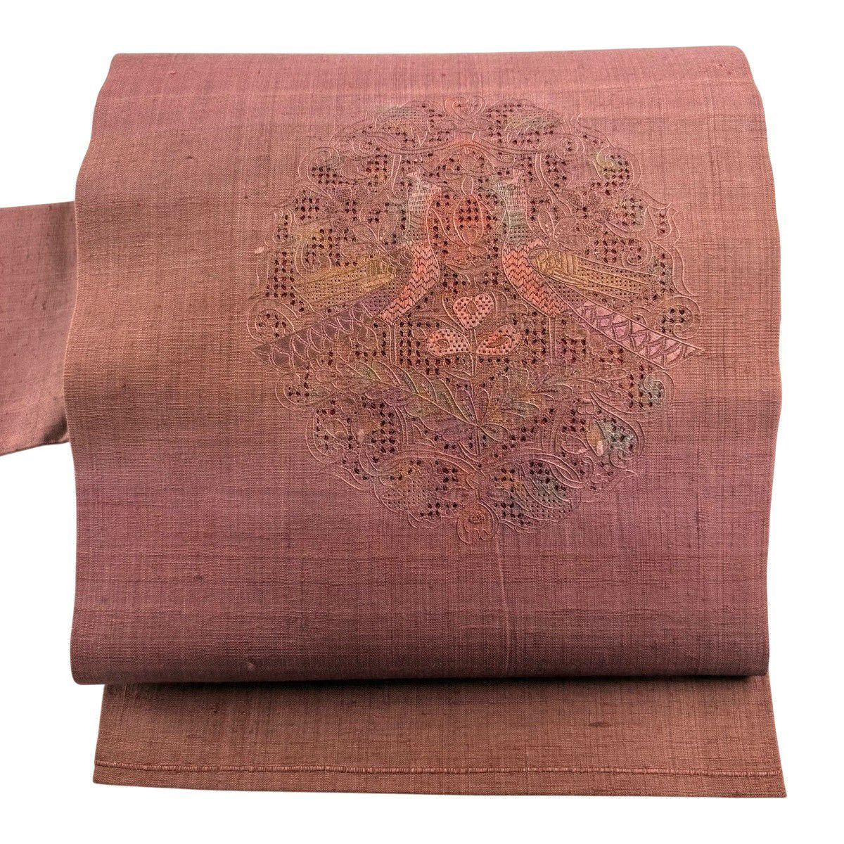 名古屋帶 秀品級 紬織織地 関西仕立 樹下鳥獸紋 刺繡 紅紫 純蠶絲