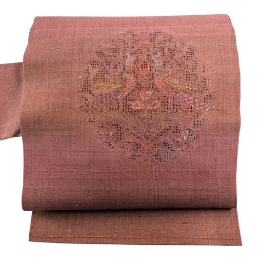 名古屋帶 秀品級 紬織織地 関西仕立 樹下鳥獸紋 刺繡 紅紫 純蠶絲
