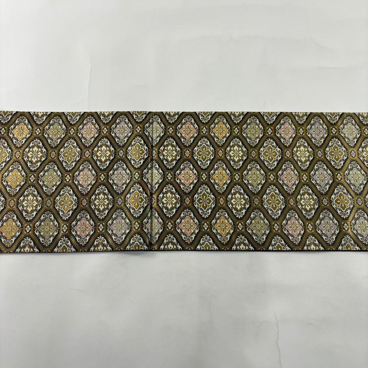 【美品】 袋帶 秀品級 蜀江文 花菱 金金箔 墨 全通 純蠶絲
