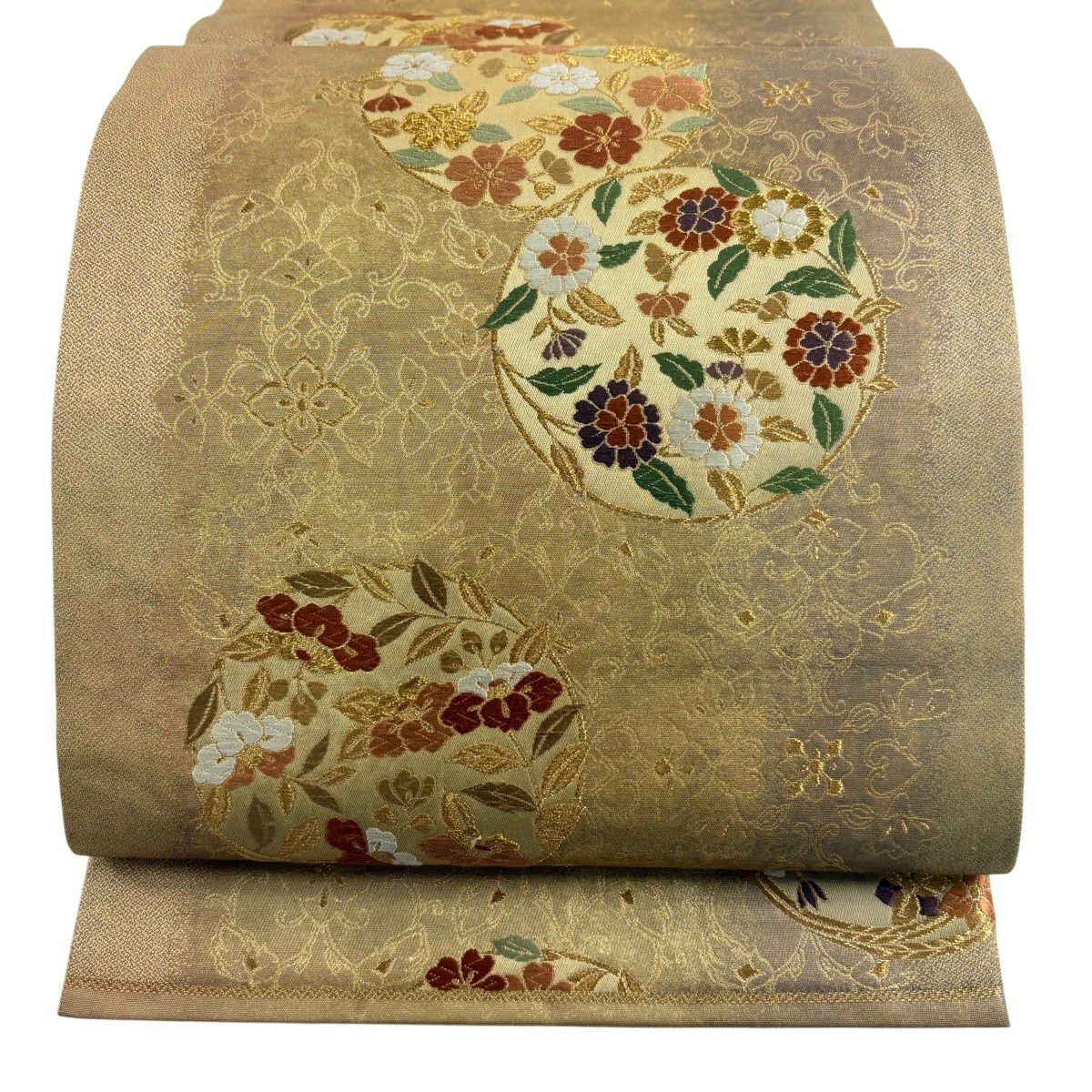【美品】 袋帶 秀品級 花丸紋 金絲 金金箔 黃土 深色 六通 純蠶絲