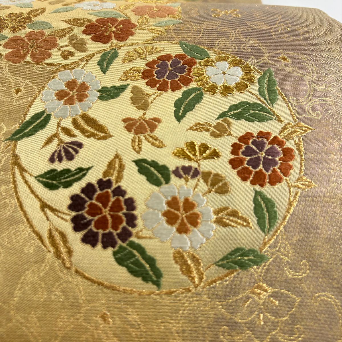 【美品】 袋帶 秀品級 花丸紋 金絲 金金箔 黃土 深色 六通 純蠶絲
