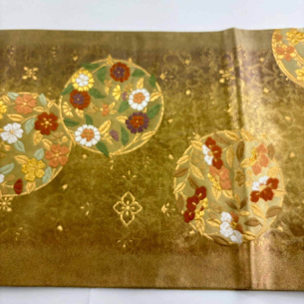 【美品】 袋帶 秀品級 花丸紋 金絲 金金箔 黃土 深色 六通 純蠶絲