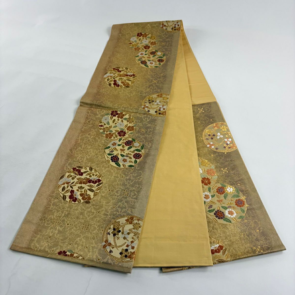 【美品】 袋帶 秀品級 花丸紋 金絲 金金箔 黃土 深色 六通 純蠶絲