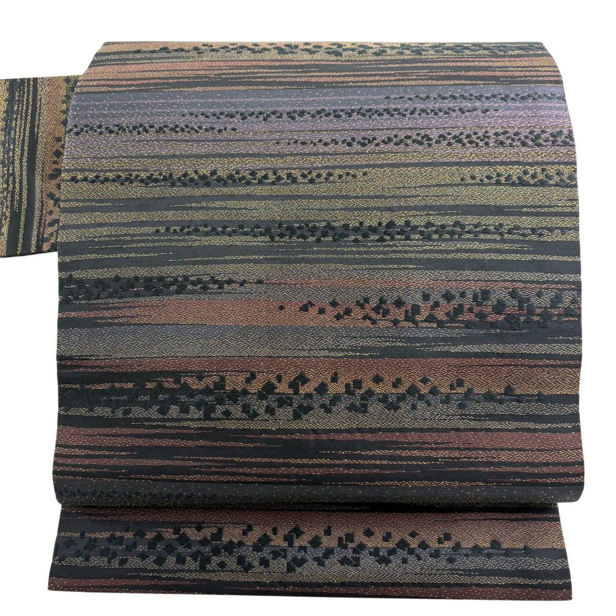 【美品】 名古屋帶 秀品級 條紋 幾何圖案 金彩裝飾 茶紫 純蠶絲