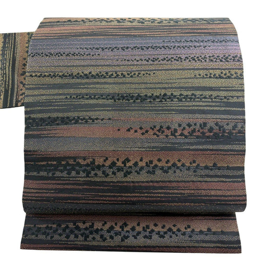 【美品】 名古屋帶 秀品級 條紋 幾何圖案 金彩裝飾 茶紫 純蠶絲
