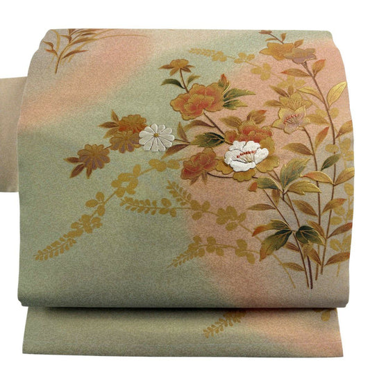 【美品】名古屋帶 秀品級 關西仕立 草花紋 秋草 刺繡 金通 灰綠 純蠶絲
