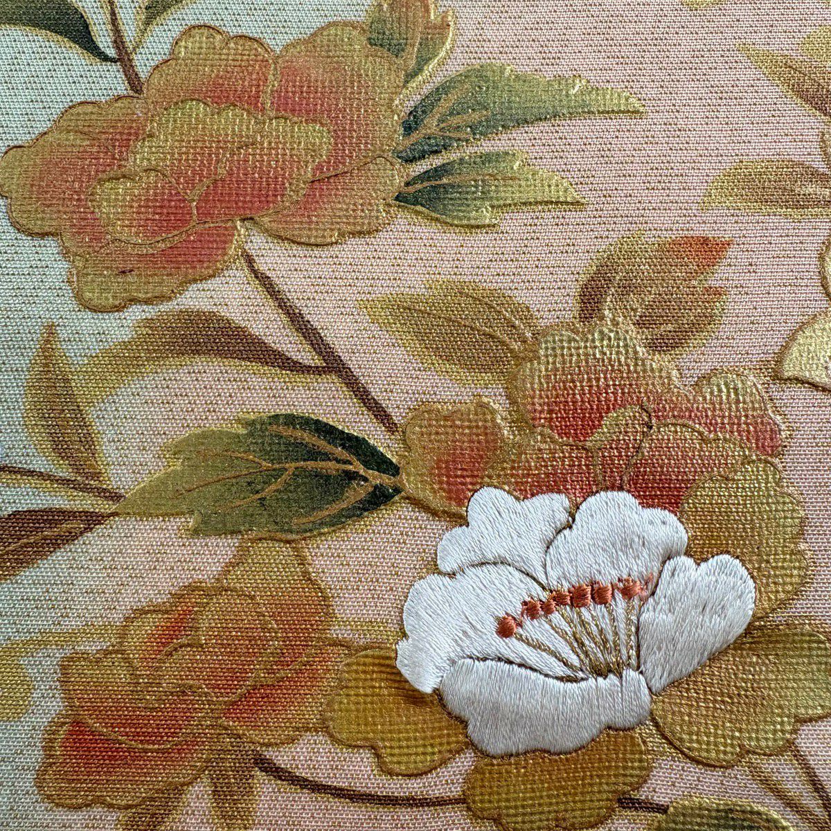 【美品】名古屋帶 秀品級 關西仕立 草花紋 秋草 刺繡 金通 灰綠 純蠶絲