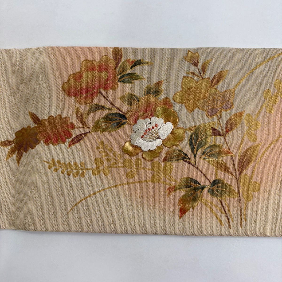 【美品】名古屋帶 秀品級 關西仕立 草花紋 秋草 刺繡 金通 灰綠 純蠶絲