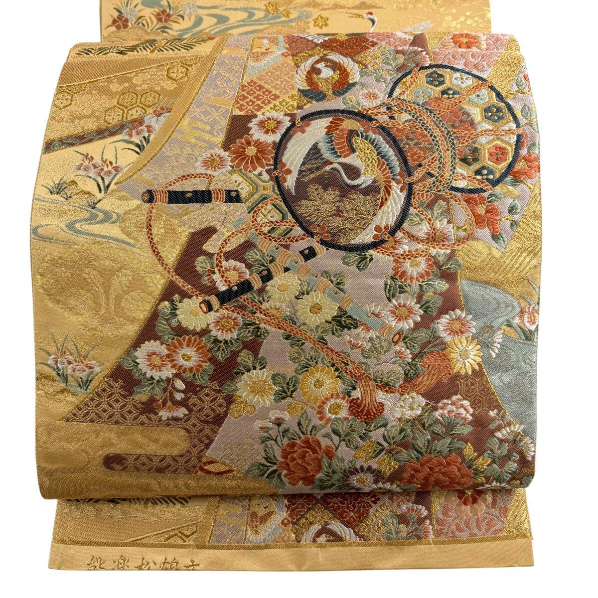 袋帶 秀品級 能樂松樹仙鶴紋 金絲 金金箔 米色 六通 純蠶絲