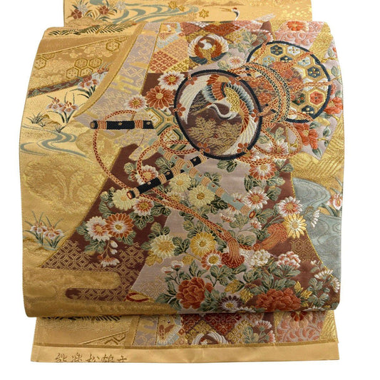 袋帶 秀品級 能樂松樹仙鶴紋 金絲 金金箔 米色 六通 純蠶絲