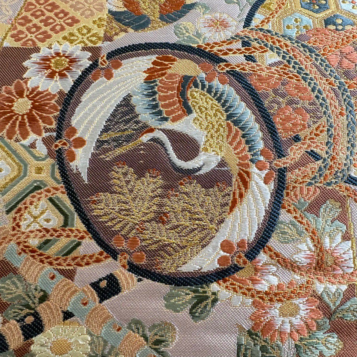 袋帶 秀品級 能樂松樹仙鶴紋 金絲 金金箔 米色 六通 純蠶絲