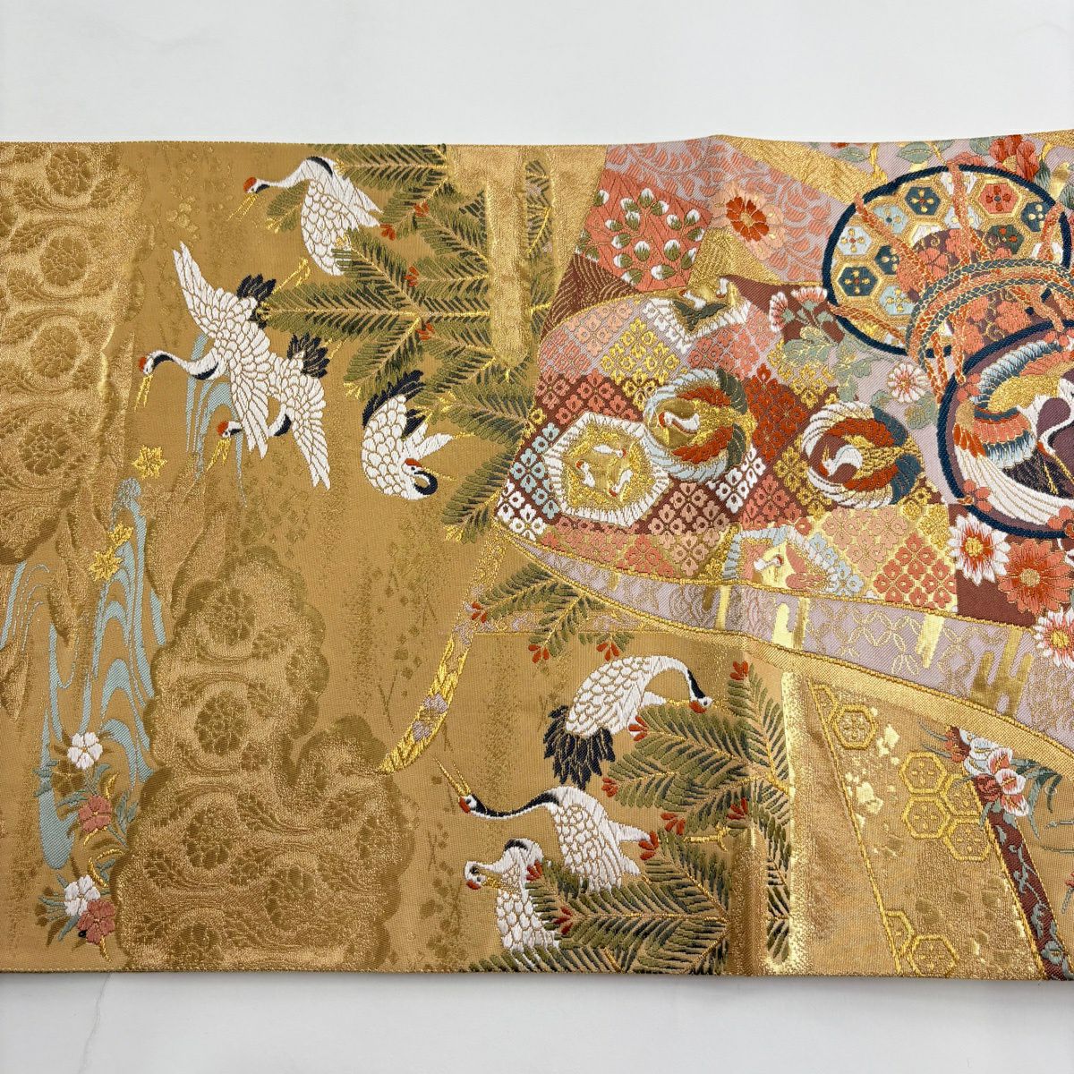 袋帶 秀品級 能樂松樹仙鶴紋 金絲 金金箔 米色 六通 純蠶絲