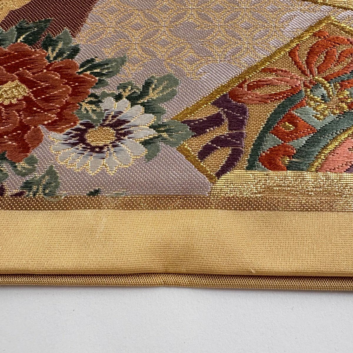 袋帶 秀品級 能樂松樹仙鶴紋 金絲 金金箔 米色 六通 純蠶絲