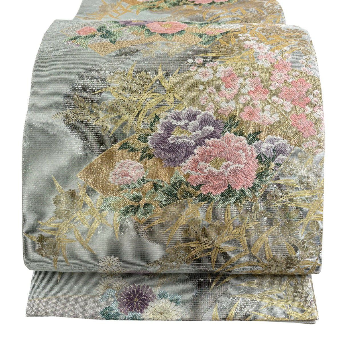 【美品】 袋帶 秀品級 扇子面 草花紋紋 金金箔 灰綠 六通 純蠶絲