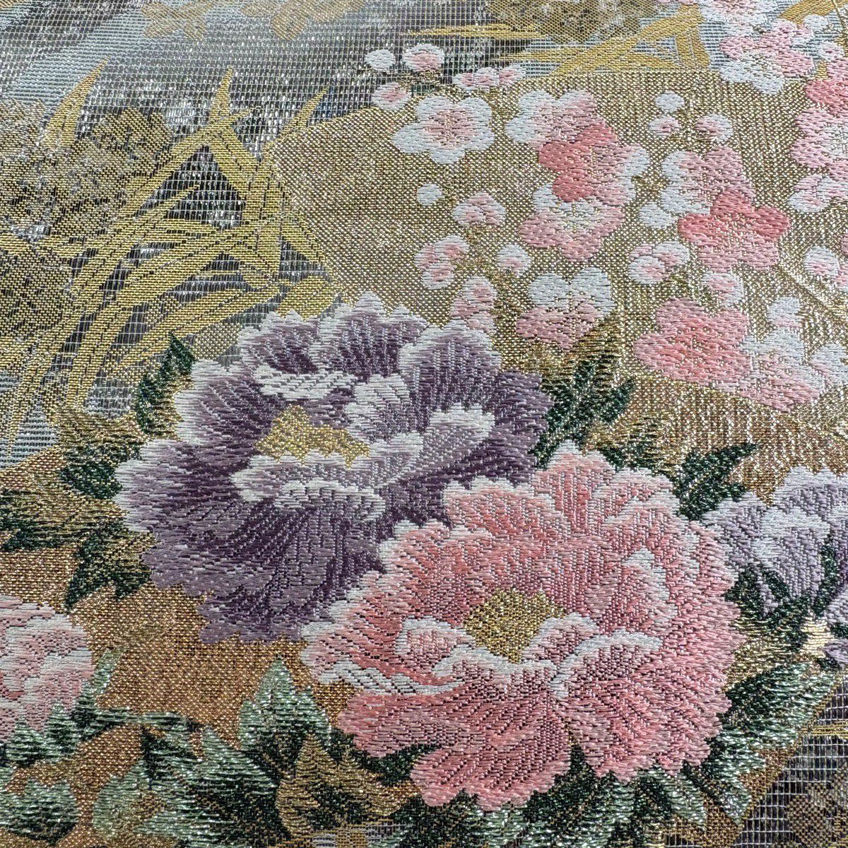 【美品】 袋帶 秀品級 扇子面 草花紋紋 金金箔 灰綠 六通 純蠶絲