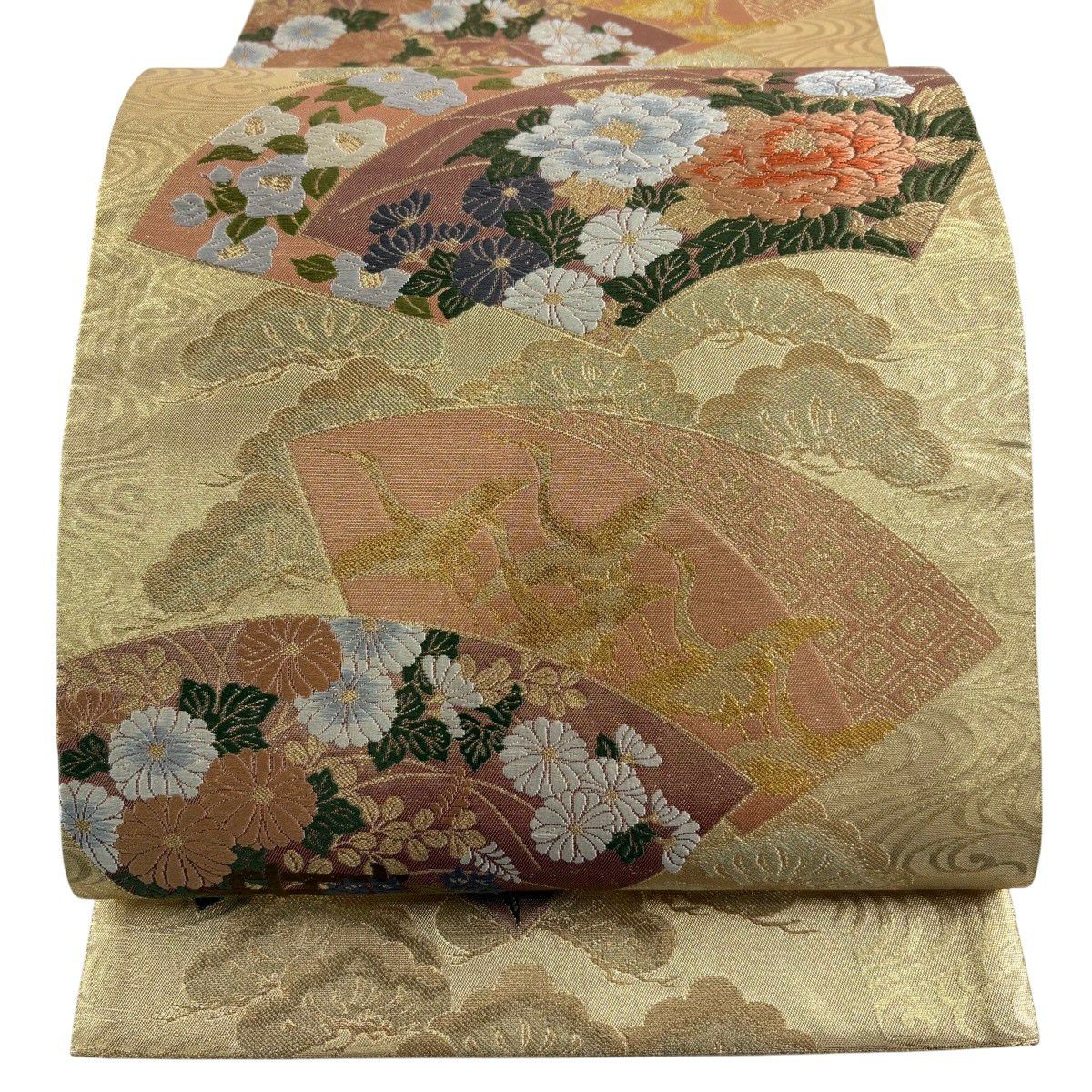 【美品】 袋帶 秀品級 扇子面 草花紋 金糸 金金箔 金 六通 純蠶絲